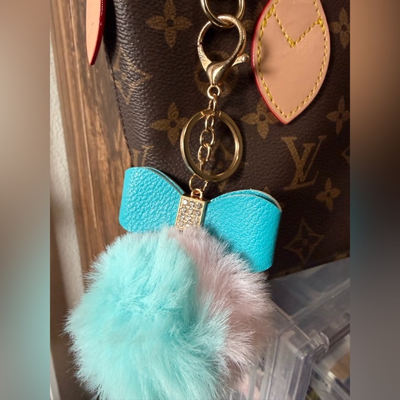 None Accessories - Turquoise bow Keychain / bag charm with fluffy pink and turquoise Pom Pom